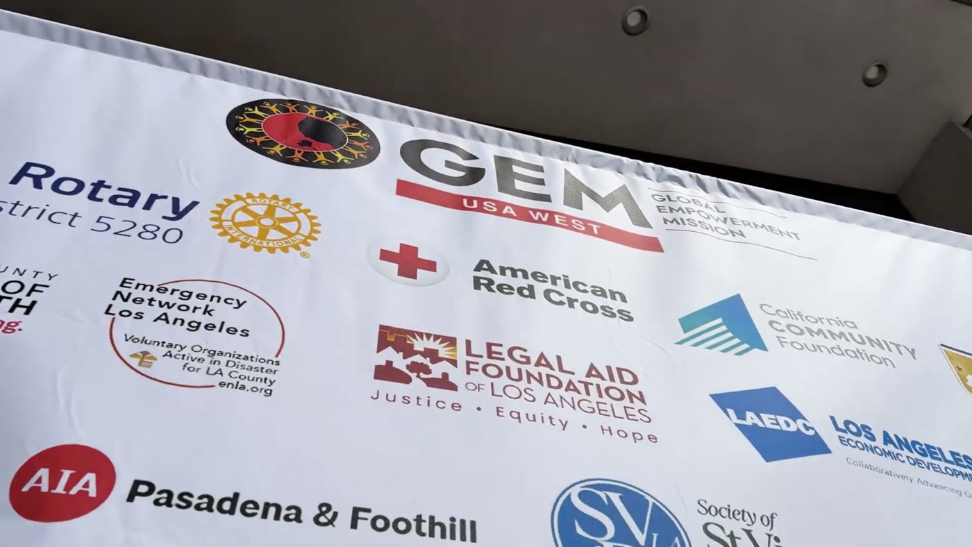 A banner of partner organization logos at the Pali Hub opening, including the American Red Cross, the Legal Aid Foundation of Los Angeles, Rotary, and the California Community Foundation